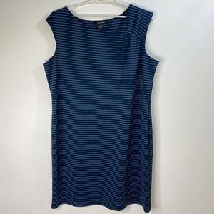 ASHLEY STEWART Stretch Dress Sz 26 Blue black striped midi bodycon asymmetrical